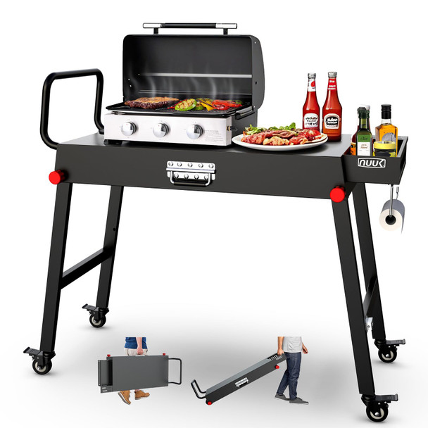 NUUK 31"X17" HEAVY DUTY FOLDING GRILL TABLE LOCKING WHEELS 300LBS - BLACK