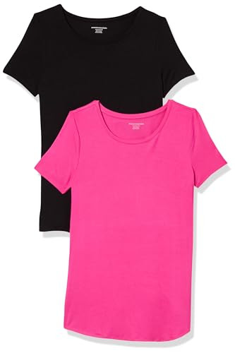 AMAZON ESSENTIALS WOMEN'S SCOOPNECK TUNIC TOP, 2 PACK, SIZE L - BLACK/DARK PINK New