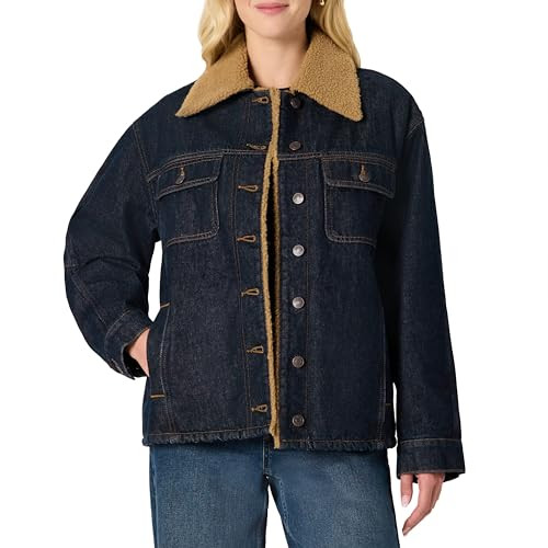 AMAZON ESSENTIALS WOMEN'S OVERSIZED-FIT FAUX-SHEARLING LINED RINSE DENIM JACKET New