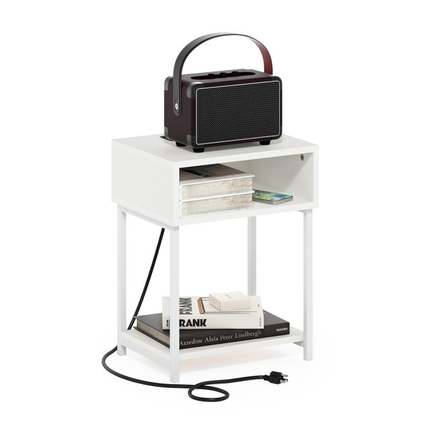 FURINNO MORETTI SIDE TABLE, 3-TIER END TABLE, METAL FRAME NIGHT STAND - WHITE