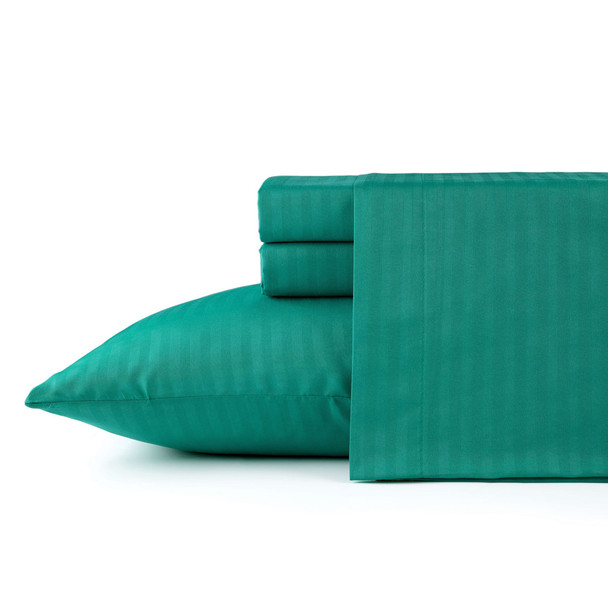 BIBB HOME 1500 SERIES DAMASK STRIPE 4 PIECE SHEET SET, KING SIZE - LIGHT TEAL