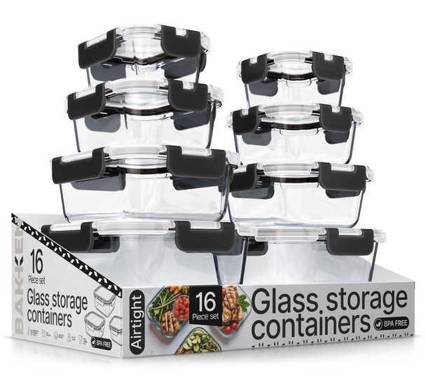 BAKKENMASTER BOROSILICATE GLASS FOOD STORAGE CONTAINERS 16 PIECES - BLACK