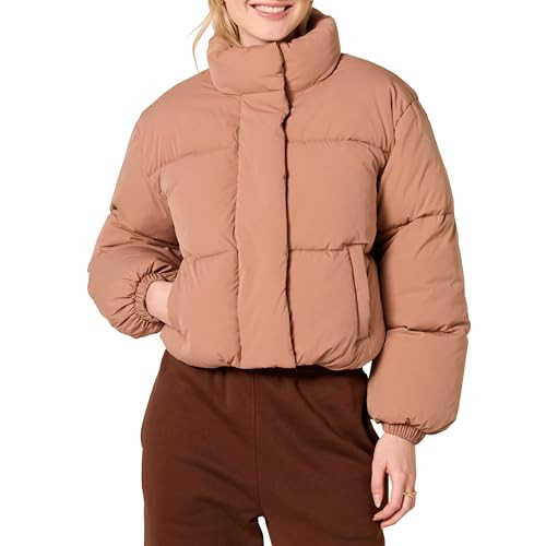 AMAZON ESSENTIALS CROPPED PUFFER JACKET WINTER WARM COLLAR XS LIGHT-BROWN