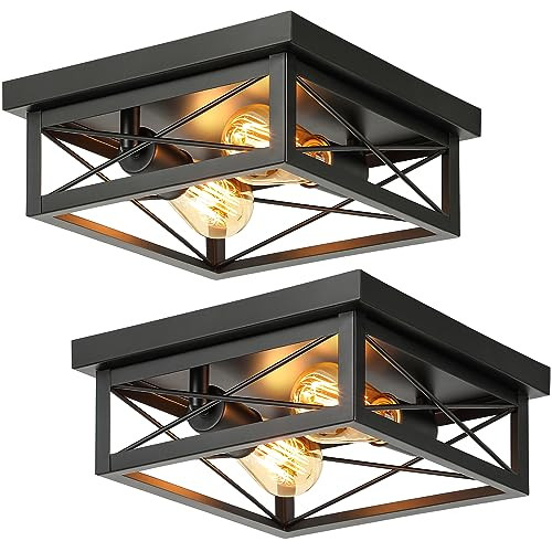KONDRAS 2-PACK 2-Light Industrial Square Flush Mount Ceiling Light - Black New