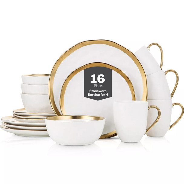 Stone Lain Modern Poreclain 16 Piece Dinnerware Set, White And Gold Rim
