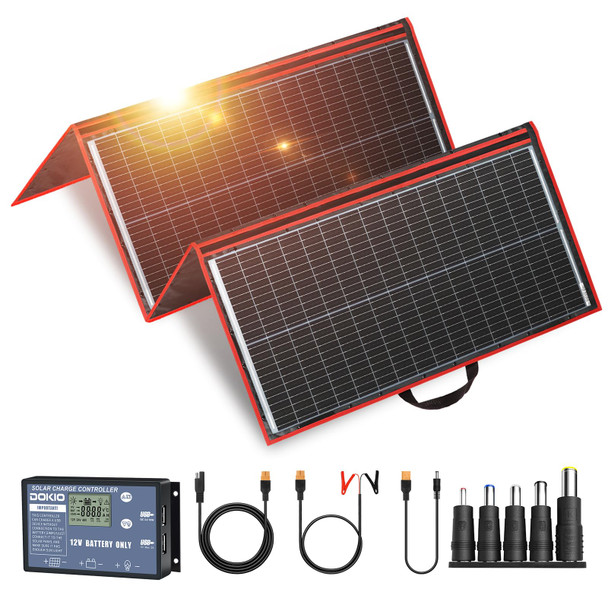 DOKIO 300W PORTABLE FOLDING SOLAR PANEL KIT - BLACK AND RED
