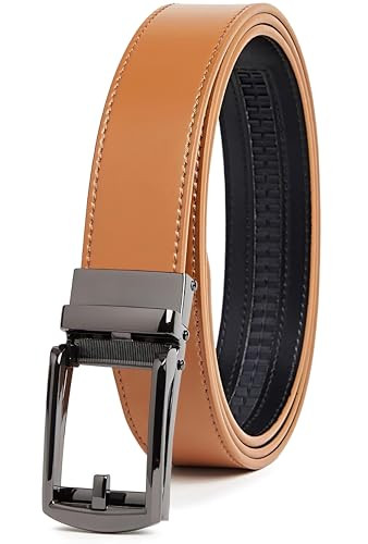 CARLO FELLINI LEATHER RATCHET BELT MEN – ADJUSTABLE - TAN BELT BLACK BUCKLE