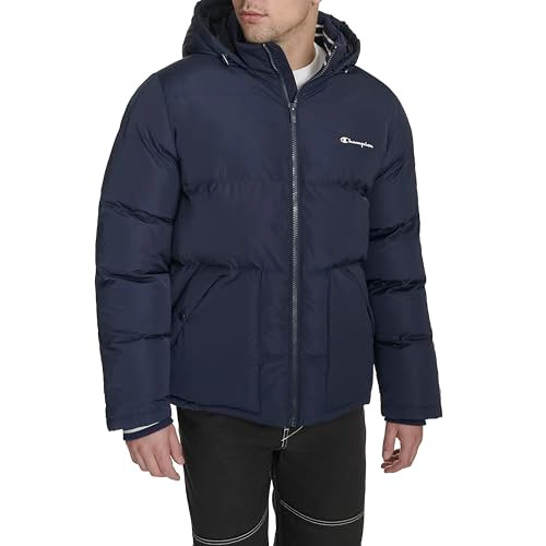 CHAMPION MEN'S QUILTED FULL-ZIP HOODED PUFFER JACKET MEN M PEACOAT PATCH POCKET New