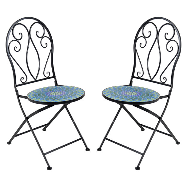 Sunnydaze Mosaic Tile Folding Bistro Chairs with Iron Frame - Set of 2