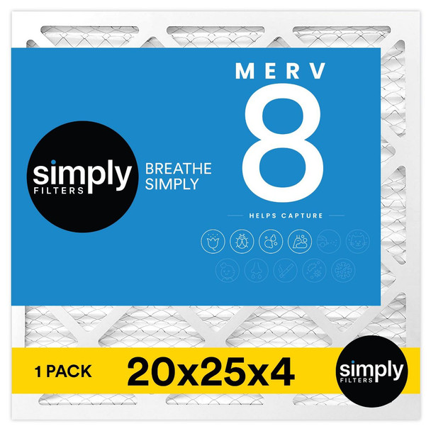 SIMPLY 20X25X4 AIR FILTER, MERV 8, MPR 600, 1 PACK, FURNACE AIR FILTER FOR HVAC New