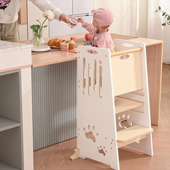 TODDLER TOWER,HEIGHT-ADJUSTABLE STEP STOOL SLIDING SAFETY DOOR - WHITE & NATURAL