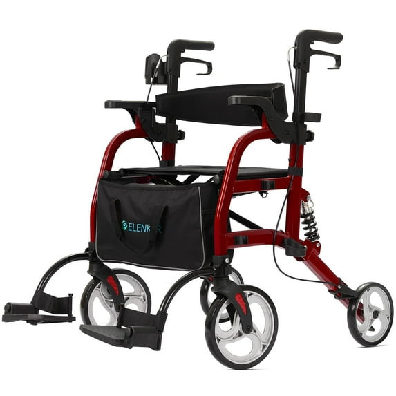 ELENKER 2 IN 1 ROLLATOR WALKER & TRANSPORT CHAIR FOR SENIORS - RED