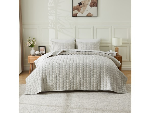 DAWSON COLLECTION 3-PIECE SEERSUCKER TEXTURED QUILT SHAM SET QUEEN - LIGHT-GRAY