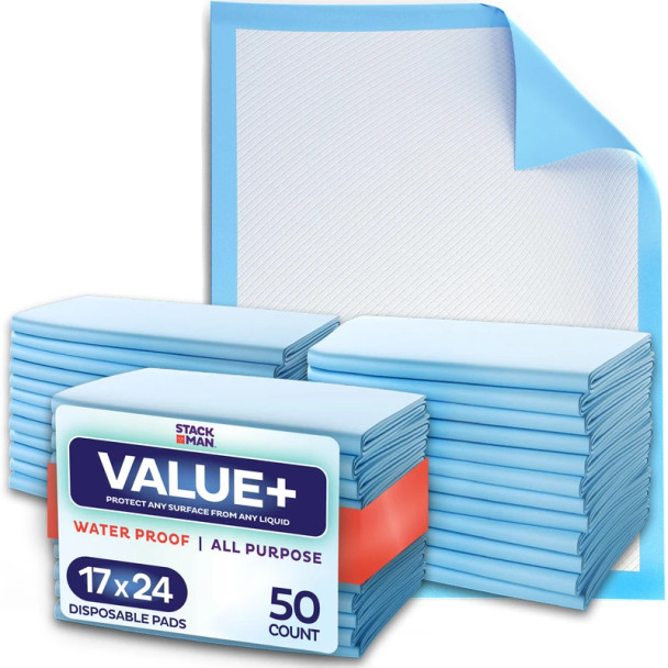 STACK MAN CHUCKS PADS DISPOSABLE [50-PACK] UNDERPADS 17"X 24" - BLUE/WHITE New