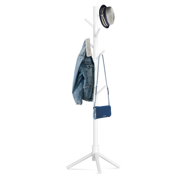 Hupmad Wooden Tree Coat Rack Stand 3 Adjustable Height 8 Hooks - WHITE