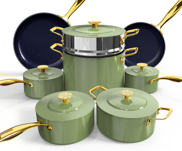 NUWAVE LUX LE 13-PC COOKWARE SET ELEGANT GOLD HANDLE DIAMOND INFUSED 31915CWT