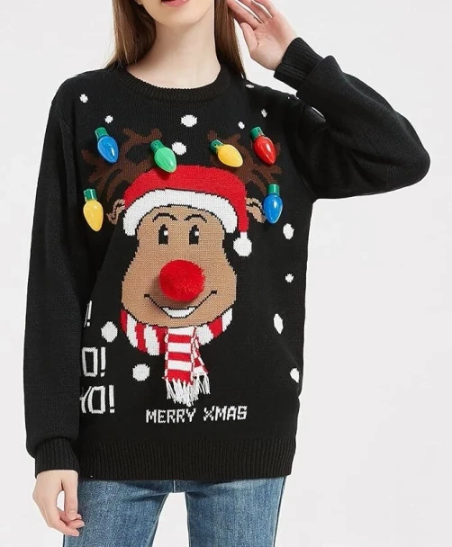 GOPACA WOMEN'S CHRISTMAS SWEATER REINDEER SANTA FAIR - SIZE: M - BLACK