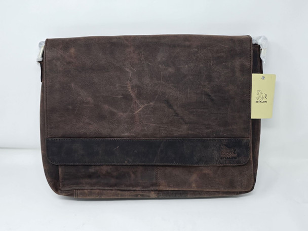 ESTALON LEATHER MESSENGER BAG LAPTOP SHOULDER BAG - BROWN New