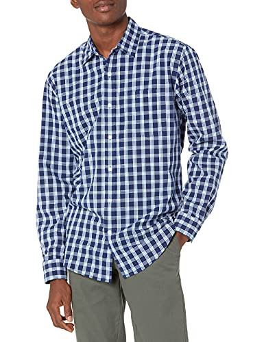 AMAZON ESSENTIALS MEN'S LONG-SLEEVE CASUAL POPLIN NAVY WHITE PLAID SIZE LARGE New