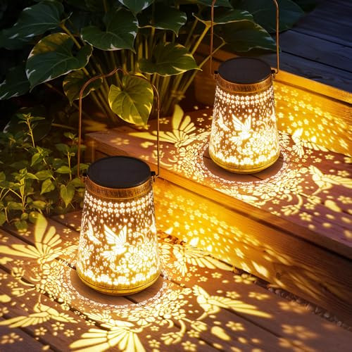 2 Pack Solar Lanterns Outdoor Waterproof Gifts Hollowed-Out Metal Hummingbird