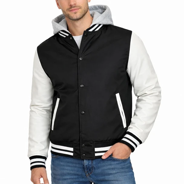 FORMAKER MEN'S HOODED VARSITY JACKET W/ DETACHABLE HOOD SIZE: 2XL - BLACK WHITE
