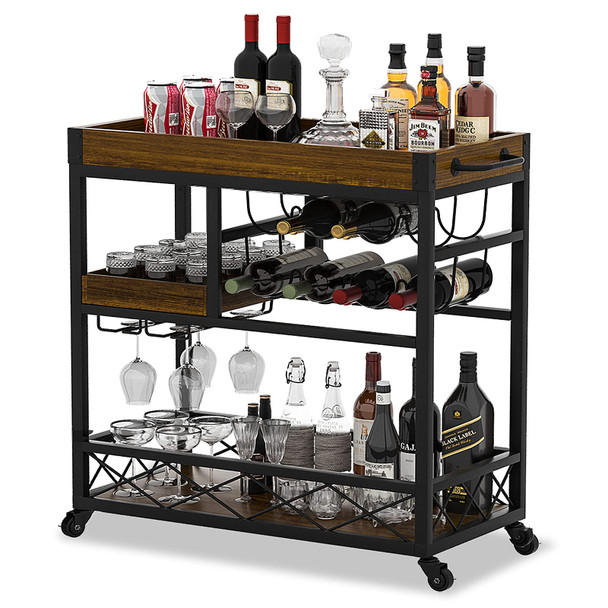 OHSUANIY BAR CART INDUSTRIAL MOBILE KITCHEN SERVING CARTS HOME 3 TIER - WALNUT