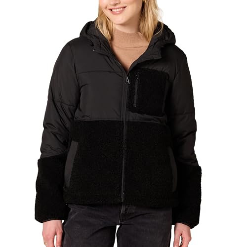 AMAZON ESSENTIALS WOMENS FULL-ZIP SHERPA FLEECE HOODED PUFFER JACKET XXL - BLACK New