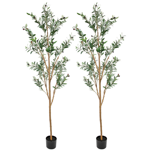 SUNNYDAZE DECOR ARTIFICIAL OLIVE TREE 7FT SILK LEAVES BLACK PLANTER BASE 2 PCS