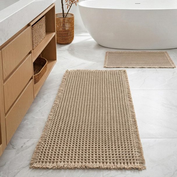 Furicher Large Waffle Bath Mat Set, 20"×47" & 16"×24", Washable, Brown New