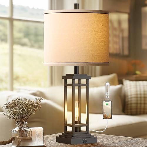 ROTTOGOON 27.5” Tall Farmhouse Table Lamp C + USB A Charge Ports - Black
