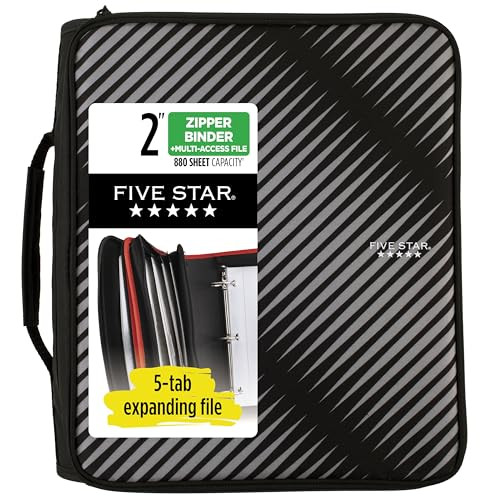 Five Star Zipper Binder, 2 Inch 3-Ring Binder with Round Rings (72536) - Black New