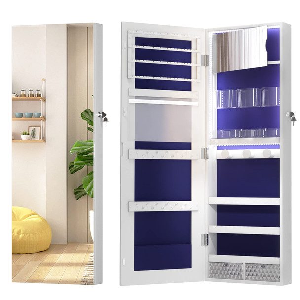 VLSRKA 3 LED LIGHTS JEWELRY CABINET FULL-LENGTH MIRROR - WHITE/DARK BLUE
