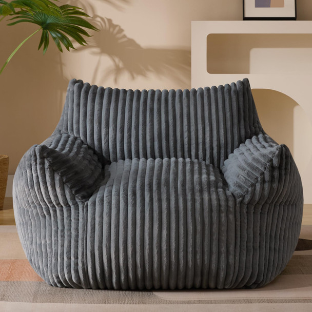 GERICCO GIANT PLUSH BEAN BAGS WITH ARMRESTS, OVERSIZED COMFY GREY BEANBAG CHAIR New