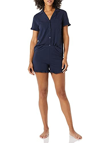 AMAZON ESSENTIALS WOMEN'S COTTON MODAL PIPED NOTCH COLLAR PAJAMA SET - NAVY - L New