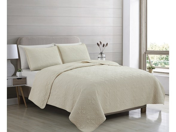 PATINA VIE FLAVIA 100% COTTON STITCHED 3PCS SHAM SET - FULL/QUEEN - LIGHT IVORY