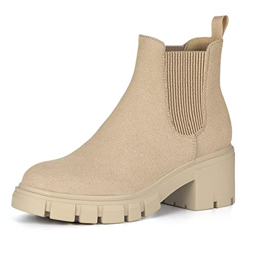 ATHLEFIT WOMEN'S CHELSEA BOOTS LUG SOLE CHUNKY HEEL ELASTIC SIZE 6 NUDE New