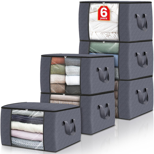 FAB TOTES STORAGE BAGS FOR CLOTHES AND BLANKET, FOLDABLE CLOSET, 6PCS - GRAY New