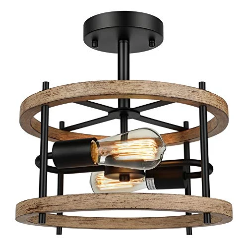 Lakumu 2-Light Retro Semi Flush Mount Ceiling Light Fixture Rustic Vintage Wood New