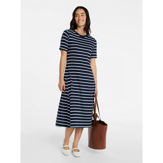 TIME AND TRU WOMEN'S SEAMED COTTON MIDI DRESS - SIZE: WOMEN M - DARK NAVY STRIPE New