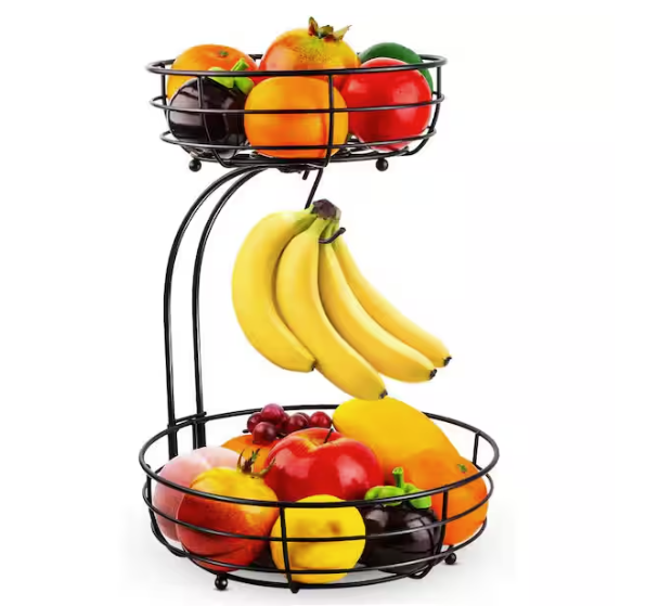 ANQTOVP 64 OZ. 2-TIER IRON COUNTERTO VEGETABLES BASKET BOWL STORAGE - BLACK