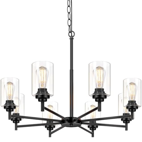 SUCO 33.5'' 8-LIGHT CHANDELIER LIGHTING GLASS SHADES BLACK - 3359-P8-BK New