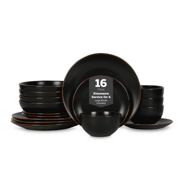 STONE LAIN BRASA STONEWARE 16 PIECE MODERN DINNERWARE SET - BLACK