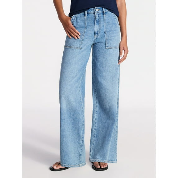 TIME AND TRU WIDE LEG UTILITY TROUSERS, 31" SIZE: WOMEN 8 - MEDIUM WASH New