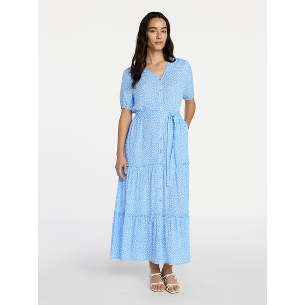 TIME AND TRU WOMEN’S CRINKLE MAXI DRESS SHORT SLEEVES - SIZE: XL - BLUE SPRINGS New