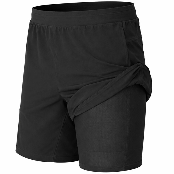 JUMP START MEN'S 2 IN 1 STRETCH QUICK DRY GYM RUNNING SHORTS SUPER - L - BLACK