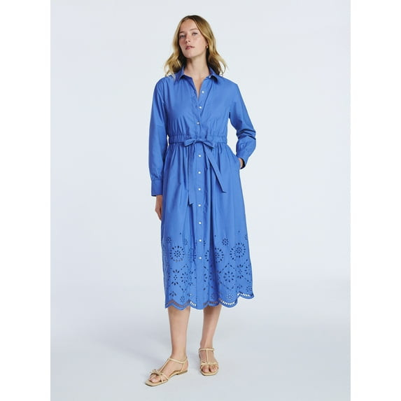 FREE ASSEMBLY COTTON EYELET MAXI SHIRTDRESS - SIZE: WOMEN L - COTTAGE BLUE New