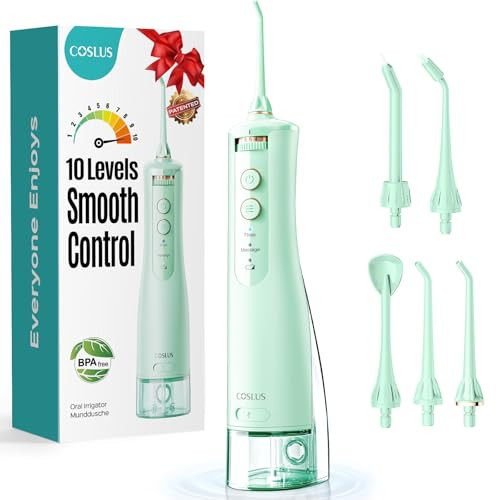 COSLUS E40 PORTABLE WATER FLOSSER FOR TEETH 10 PRESSURE SETTINGS - GREEN New