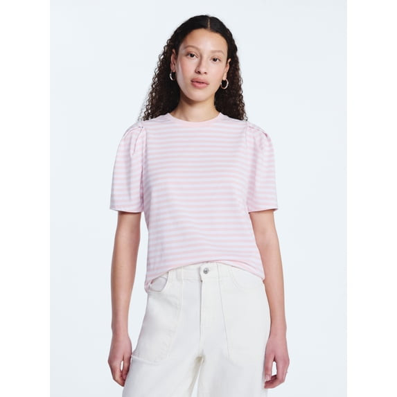 FREE ASSEMBLY PLUS CREWNECK TEE PUFF SLEEVES SIZE M - ELOUISE STRIPE ROSE BLUSH New