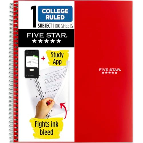 FIVE STAR 1-SUBJECT COLLEGE RULED NOTEBOOK, 8.5"X11", 100 SHEETS, B-106-RED