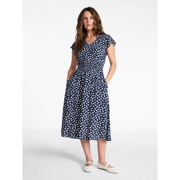 TIME AND TRU WOMEN’S SMOCKED WAIST MIDI DRESS,FLUTTER SLEEVES - 1X - DARK NAVY
